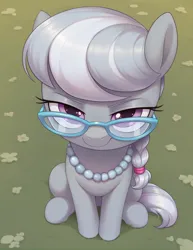 Size: 1616x2088 | Tagged: safe, ai content, machine learning generated, prompter:antedown, silver spoon, pony, g4, female, filly, flower, foal, generator:pony diffusion v6 xl, glasses, grass, grin, high angle, image, jewelry, looking at you, looking up, looking up at you, necklace, outdoors, png, sitting, smiling, smug, solo