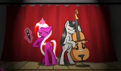 Size: 2900x1700 | Tagged: safe, artist:night-draft, derpibooru import, octavia melody, oc, oc:burning passion, oc:passionate venus, earth pony, pony, unicorn, g4, cello, duo, eyes closed, female, high res, horn, image, jpeg, levitation, magic, mare, microphone, musical instrument, playing, singing, stage, telekinesis