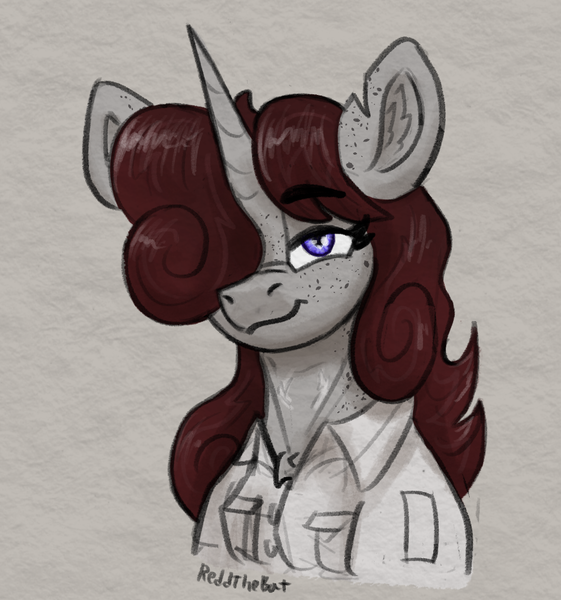 Size: 940x1005 | Tagged: safe, artist:reddthebat, derpibooru import, oc, oc:violina (reddthebat), unofficial characters only, earth pony, ghost, ghost pony, pony, undead, unicorn, bust, ear fluff, female, hair over one eye, horn, image, looking at you, mare, png, signature, smiling, smiling at you, solo, torn ear