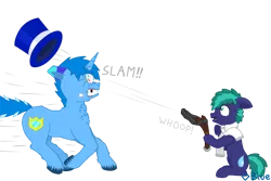 Size: 1080x720 | Tagged: safe, artist:💎blue, derpibooru import, oc, oc:blueshield, oc:water drop, unofficial characters only, earth pony, pony, unicorn, .svg available, candy, cartoon physics, clothes, colt, foal, food, galloping, hat, horn, image, jawbreaker, male, onomatopoeia, ouch, png, scarf, shocked, shrunken pupils, slingshot, stallion, tooth, tooth gap, top hat, vector