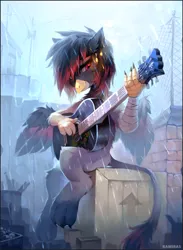 Size: 1531x2093 | Tagged: safe, artist:ramiras, derpibooru import, oc, oc:caiya, unofficial characters only, gryphon, eared griffon, griffon oc, guitar, image, musical instrument, png, rain, solo