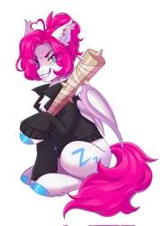 Size: 1516x2048 | Tagged: safe, artist:murimio_, derpibooru import, oc, oc:lerk, unofficial characters only, bat pony, pony, baseball bat, chest fluff, claws, clothes, ear piercing, ear tufts, earring, eye clipping through hair, female, image, jacket, jewelry, jpeg, mare, piercing, simple background, sitting, solo, white background, wing claws, wings