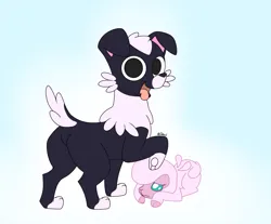 Size: 2300x1900 | Tagged: safe, artist:jhonnyul, derpibooru import, dog, sheep, them's fightin' herds, butt, community related, female, image, lamb, looking at you, male, older, one leg raised, open mouth, plot, png, pom (tfh), role reversal, scared, tongue out, younger