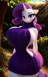 Size: 800x1280 | Tagged: suggestive, ai content, anonymous editor, derpibooru import, edit, machine learning generated, rarity, anthro, unicorn, g4, 3d, backless, big breasts, breasts, clothes, curvy, forest, forest background, horn, hourglass figure, image, looking at you, open-back sweater, png, sleeveless, sleeveless sweater, sweater, tree, virgin killer sweater