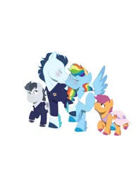 Size: 828x1071 | Tagged: safe, artist:twizzly-gum, derpibooru import, rainbow dash, rumble, scootaloo, soarin', pegasus, pony, g4, colt, female, filly, foal, image, jpeg, kiss on the lips, kissing, male, mare, marriage, shipping, soarindash, stallion, straight, wedding