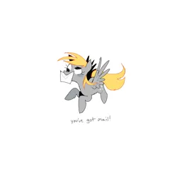 Size: 2500x2500 | Tagged: safe, artist:syrupyyy, derpibooru import, derpy hooves, pegasus, pony, g4, blonde, blonde mane, derp, female, flying, gray coat, image, letter, mail, mailmare, png, simple background, small pony, solo, white background, you've got mail