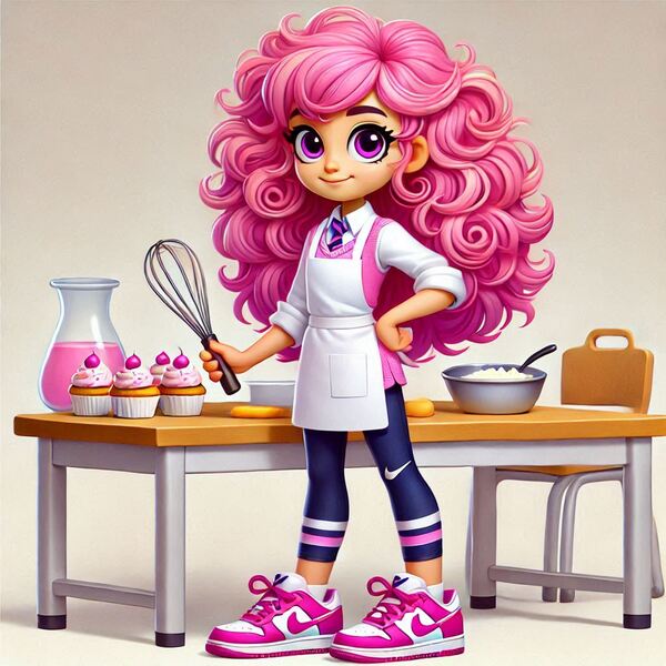 Size: 1024x1024 | Tagged: safe, machine learning generated, pinkie pie, human, bowl, chair, cupcake, female, food, generator:bing image creator, generator:dall-e 3, humanized, image, jpeg, mixing bowl, nike, solo, solo female, table, whisk