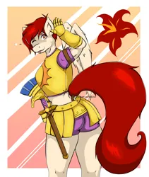 Size: 1216x1441 | Tagged: safe, artist:jimjamdoodles, derpibooru import, oc, oc:poptail, unofficial characters only, anthro, pegasus, plantigrade anthro, pony, anthro oc, armor, athletic, big tail, breasts, butt, charm, clothes, cutie mark, female, guard, guardsmare, image, mare, one eye closed, passepartout, pegasus oc, png, rear view, royal guard, short hair, shorts, solar guard, sports shorts, sword, tail, thighs, tongue out, unconvincing armor, waving, waving at you, weapon, wings, wink