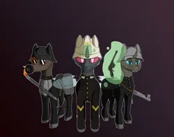 Size: 4282x3393 | Tagged: safe, artist:viaobscura, derpibooru import, oc, unofficial characters only, changeling, equestria at war mod, clothes, flamethrower, gas mask, gradient background, helmet, image, mask, military, png, simple background, uniform, weapon