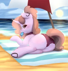 Size: 1900x2000 | Tagged: suggestive, artist:thejustbee_art, derpibooru import, oc, unofficial characters only, pony, unicorn, beach, beach umbrella, butt, clothes, curved horn, eating, female, food, horn, image, looking at you, looking back, looking back at you, lying down, mare, ocean, plot, png, popsicle, prone, solo, swimsuit, towel, umbrella, water