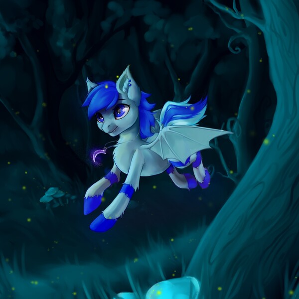 Size: 3000x3000 | Tagged: safe, artist:rokufuro, derpibooru import, oc, oc:moonslurps(old version), unofficial characters only, bat pony, pony, bat pony oc, bat wings, commission, flying, forest, image, jewelry, jpeg, nature, necklace, running, solo, tree, wings, ych result