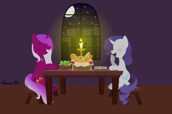 Size: 4000x2667 | Tagged: safe, artist:amoux-ilta, derpibooru import, rarity, oc, oc:burning passion, pony, unicorn, g4, alcohol, bench, bread, candle, canon x oc, date, date night, duo, food, grin, high res, horn, image, indoors, laughing, lineless, night, png, restaurant, salad, sandwich, shipping, silhouette, sitting, smiling, table, wine