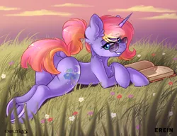 Size: 2600x2000 | Tagged: safe, alternate version, artist:erein, artist:yuris, derpibooru import, oc, unofficial characters only, pony, unicorn, alternate character, book, butt, chest fluff, cloud, collaboration, commission, dock, female, field, flower, frog (hoof), grass, horn, image, looking at you, looking back, looking back at you, lying down, multi ych "on the beach/field", outdoors, plot, png, prone, sky, smiling, smiling at you, solo, strategically covered, tail, tail censor, underhoof, ych result