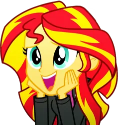 Size: 1093x1152 | Tagged: safe, derpibooru import, edit, edited screencap, editor:pascalmulokozi2, screencap, sunset shimmer, human, eqg summertime shorts, equestria girls, g4, pet project, background removed, cute, daaaaaaaaaaaw, daydream, female, hand on face, image, my little pony equestria girls: summertime shorts, not a vector, png, simple background, smiling, solo, solo female, transparent background