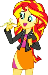 Size: 629x968 | Tagged: safe, derpibooru import, edit, edited screencap, editor:pascalmulokozi2, screencap, ray, sunset shimmer, gecko, human, eqg summertime shorts, equestria girls, g4, pet project, background removed, cute, daaaaaaaaaaaw, daydream, duo, female, hand on face, image, my little pony equestria girls: summertime shorts, not a vector, png, simple background, smiling, solo, solo female, transparent background