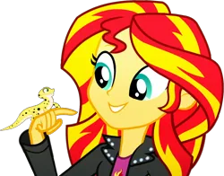 Size: 1378x1083 | Tagged: safe, derpibooru import, edit, edited screencap, editor:pascalmulokozi2, screencap, ray, sunset shimmer, gecko, human, leopard gecko, eqg summertime shorts, equestria girls, g4, pet project, background removed, cute, daaaaaaaaaaaw, daydream, duo, female, hand on face, image, my little pony equestria girls: summertime shorts, not a vector, png, simple background, smiling, solo, solo female, transparent background