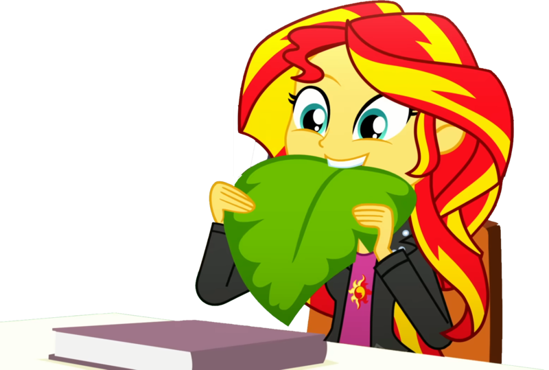 Size: 1659x1118 | Tagged: safe, derpibooru import, edit, edited screencap, editor:pascalmulokozi2, screencap, sunset shimmer, human, equestria girls, g4, background removed, book, eating, epic fails, female, funny, image, leaf, my little pony equestria girls: summertime shorts, not a vector, png, simple background, smiling, solo, solo female, table, transparent background