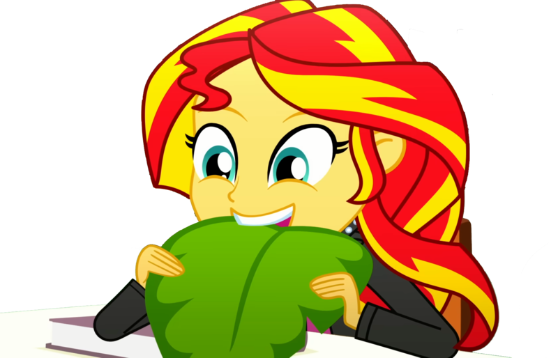 Size: 1793x1152 | Tagged: safe, derpibooru import, edit, edited screencap, editor:pascalmulokozi2, screencap, sunset shimmer, human, equestria girls, g4, background removed, book, eating, epic fails, female, funny, image, leaf, my little pony equestria girls: summertime shorts, not a vector, png, simple background, smiling, solo, solo female, table, transparent background