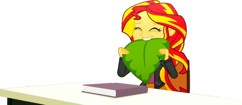 Size: 1352x591 | Tagged: safe, derpibooru import, edit, edited screencap, editor:pascalmulokozi2, screencap, sunset shimmer, human, equestria girls, g4, background removed, book, eating, epic fails, female, funny, image, leaf, my little pony equestria girls: summertime shorts, not a vector, png, simple background, smiling, solo, solo female, table, transparent background