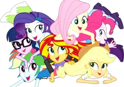 Size: 1638x1152 | Tagged: safe, derpibooru import, edit, edited screencap, editor:pascalmulokozi2, screencap, applejack, fluttershy, pinkie pie, rainbow dash, rarity, sci-twi, sunset shimmer, twilight sparkle, human, equestria girls, g4, background removed, epic fails, happy, image, laughing, my little pony equestria girls: summertime shorts, not a vector, png, simple background, transparent background