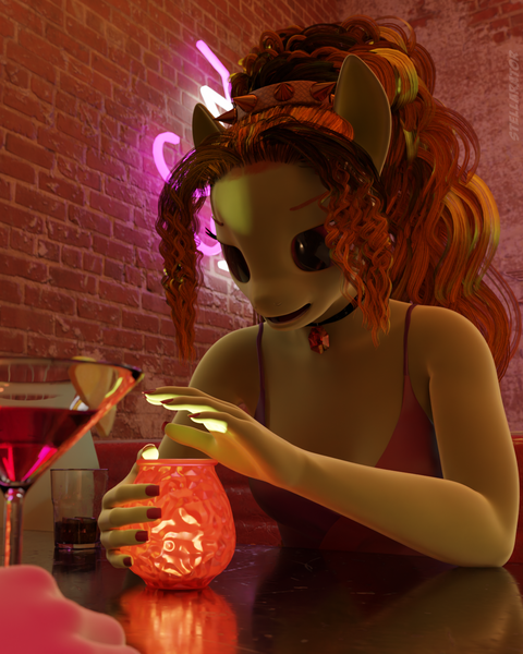 Size: 1184x1480 | Tagged: safe, artist:stellarator, derpibooru import, adagio dazzle, oc, oc:ruby cabernet, anthro, unguligrade anthro, comic:we will be adored, g4, 3d, alcohol, bar, blender, blender cycles, clothes, comic, dress, drink, image, not sfm, png