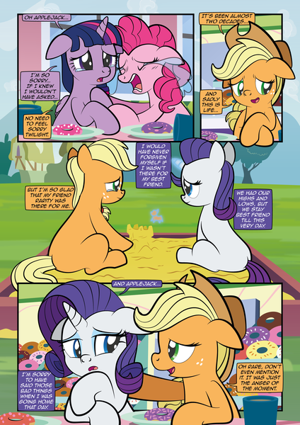 Size: 2482x3509 | Tagged: safe, artist:alexdti, derpibooru import, applejack, pinkie pie, rarity, twilight sparkle, twilight sparkle (alicorn), alicorn, earth pony, pony, unicorn, comic:how we met, g4, applejack's hat, blank flank, comic, cowboy hat, crying, cup, dialogue, donut, eyes closed, female, filly, filly applejack, filly rarity, flashback, floppy ears, foal, food, freckles, hat, horn, image, indoors, mare, open mouth, open smile, outdoors, png, sand, sandbox, sitting, smiling, speech bubble, talking, younger