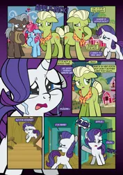 Size: 2482x3509 | Tagged: safe, artist:alexdti, derpibooru import, burnt oak, cup cake, granny smith, rarity, earth pony, pony, unicorn, comic:how we met, g4, blank flank, chiffon swirl, comic, crying, dialogue, female, filly, filly rarity, floppy ears, foal, horn, image, implied applejack, indoors, male, mare, one eye closed, open mouth, outdoors, png, raised hoof, speech bubble, stallion, talking, wrong eye color, young granny smith, younger