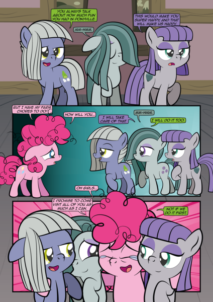 Size: 2482x3509 | Tagged: safe, artist:alexdti, derpibooru import, limestone pie, marble pie, maud pie, pinkie pie, earth pony, pony, comic:how we met, g4, comic, crying, dialogue, eyes closed, female, filly, filly limestone pie, filly marble pie, filly maud pie, filly pinkie pie, floppy ears, foal, group hug, hair over one eye, high res, hug, image, open mouth, pie sisters, png, raised hoof, siblings, sisters, smiling, speech bubble, talking, tears of joy, when she smiles, younger