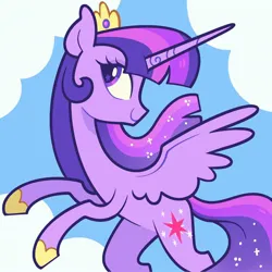 Size: 2048x2048 | Tagged: safe, artist:pilesofmiless, derpibooru import, twilight sparkle, twilight sparkle (alicorn), alicorn, pony, g4, cloud, female, image, jpeg, looking sideways, purple coat, purple eyes, purple mane, sky background, smiling, solo, solo female