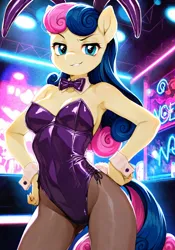 Size: 896x1280 | Tagged: suggestive, generator:zoinksnoob, machine learning generated, prompter:bendy and boney, bon bon, sweetie drops, anthro, earth pony, g4, bowtie, breasts, bunny ears, bunny suit, clothes, cuffs (clothes), fake ears, fake tail, female, image, indoors, leotard, looking at you, pantyhose, png, purple leotard, smug, solo, solo female, strapless