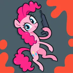 Size: 2048x2048 | Tagged: safe, artist:pilesofmiles, derpibooru import, pinkie pie, earth pony, pony, g4, blood, blood stains, blue eyes, floating, gun, image, jpeg, looking at you, pink coat, pink mane, simple background, smiling, smiling at you, submachinegun, uzi, weapon