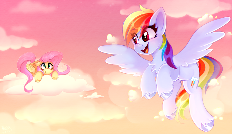 Size: 2888x1676 | Tagged: safe, artist:pozya1007, derpibooru import, fluttershy, rainbow dash, pegasus, pony, g4, background, cloud, cute, duo, duo female, evening, female, flying, folded wings, image, mare, on a cloud, open mouth, open smile, outdoors, png, sky, smiling, spread wings, unshorn fetlocks, wings