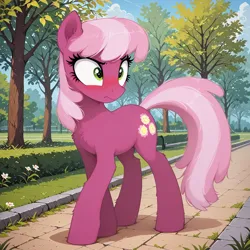 Size: 1024x1024 | Tagged: safe, machine learning generated, prompter:teaspoon, cheerilee, earth pony, pony, g4, blushing, female, furrowed brow, image, mare, park, png, solo, tree