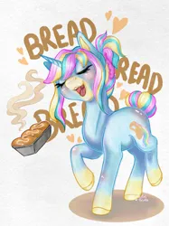 Size: 2263x3028 | Tagged: safe, artist:pastelpalette, derpibooru import, oc, unofficial characters only, pony, unicorn, baking, blushing, bread, cute, female, food, happy, horn, image, jpeg, mare, open mouth, pastel, ponysona, simple background, smiling, solo, white background