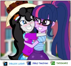 Size: 451x422 | Tagged: safe, artist:sxqari, derpibooru import, sci-twi, twilight sparkle, oc, human, equestria girls, g4, black hair, blue eyes, canterlot high, cheek to cheek, duo, duo female, female, glasses, hat, hug, image, jpeg, light skin, looking at each other, looking at someone, purple eyes, purple hair, purple skin, smiling