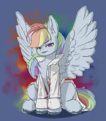 Size: 2965x3373 | Tagged: safe, artist:rend36, derpibooru import, rainbow dash, pegasus, pony, fanfic:rainbow factory, g4, blood, chest fluff, clothes, ear fluff, fanfic art, high res, image, lab coat, looking at you, open mouth, png, spread wings, wings