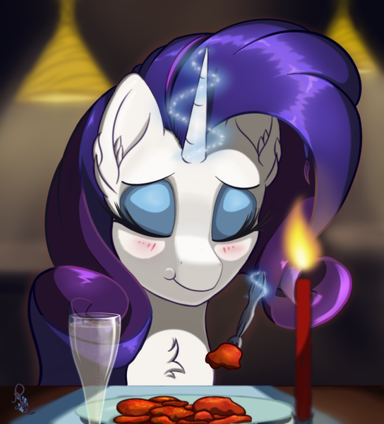 Size: 1450x1600 | Tagged: safe, artist:raritymylove, derpibooru import, rarity, unicorn, g4, alcohol, blushing, candle, champagne, chest fluff, chewing, ear fluff, eating, eyes closed, food, horn, image, magic, offscreen character, png, pov, solo, wine