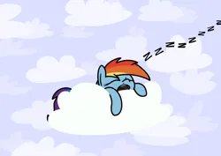 Size: 2048x1448 | Tagged: safe, artist:ewoudcponies, derpibooru import, rainbow dash, pegasus, pony, g4, cloud, eyes closed, female, image, lying down, lying on a cloud, mare, on a cloud, onomatopoeia, outdoors, png, sleeping, solo, sound effects, zzz