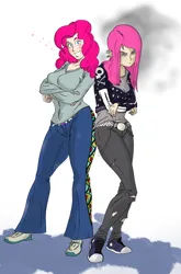 Size: 2608x3941 | Tagged: safe, artist:ponny, derpibooru import, pinkie pie, human, g4, angry, bags under eyes, clothes, colored, crossed arms, denim, happy, humanized, image, jeans, pants, pinkamena diane pie, png, ripped pants, shading, shoes, skull and crossbones, sparkles, sweater, torn clothes