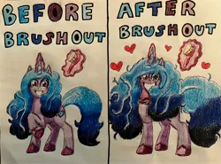 Size: 3779x2803 | Tagged: safe, artist:bozzerkazooers, derpibooru import, izzy moonbow, pony, unicorn, g5, 2 panel comic, before and after, big mane, big tail, blush sticker, blushing, brush, brushout, caption, comic, female, glow, glowing horn, horn, image, jpeg, levitation, magic, mare, messy mane, solo, tail, telekinesis, text, traditional art, unshorn fetlocks