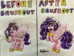 Size: 3633x2718 | Tagged: safe, artist:bozzerkazooers, derpibooru import, pipp petals, pegasus, pony, g5, 2 panel comic, before and after, big mane, big tail, brush, brushout, caption, comic, female, image, jpeg, mare, messy mane, solo, tail, text, traditional art, unshorn fetlocks