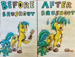 Size: 3580x2720 | Tagged: safe, artist:bozzerkazooers, derpibooru import, hitch trailblazer, sparky sparkeroni, dragon, pony, g5, 2 panel comic, baby, baby dragon, before and after, big mane, big tail, brush, brushout, caption, comic, duo, duo male and female, female, image, jpeg, male, messy mane, stallion, tail, text, traditional art, unshorn fetlocks