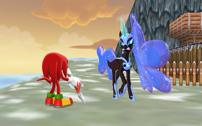 Size: 1920x1200 | Tagged: safe, artist:puzzlshield2, derpibooru import, nightmare moon, alicorn, pony, series:brother bear: a crossover parody, g4, 3d, cool cool mountain, crossover, fight, image, knuckles the echidna, magic, mmd, png, recreation, sonic the hedgehog (series), spear, story included, super mario, super mario 64, super mario bros., weapon