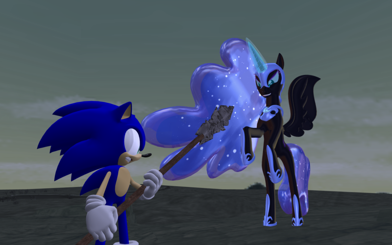 Size: 1920x1200 | Tagged: safe, artist:puzzlshield2, derpibooru import, nightmare moon, alicorn, pony, series:brother bear: a crossover parody, g4, 3d, crossover, fight, image, magic, mmd, png, pride rock, recreation, sonic the hedgehog, sonic the hedgehog (series), spear, spread wings, story included, weapon, wings