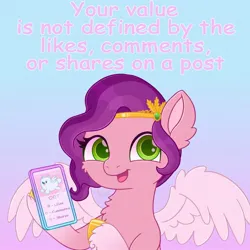 Size: 1280x1280 | Tagged: safe, artist:faelingmagic, derpibooru import, cloudpuff, pipp petals, pegasus, pony, g5, adorapipp, based, cute, female, image, jpeg, looking at you, mare, mobile phone, morality, phone, positive message, positive ponies