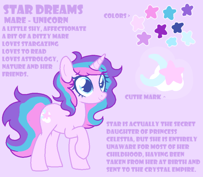 Size: 800x700 | Tagged: safe, artist:anonymares, derpibooru import, star dreams, pony, unicorn, g4, color palette, description, female, horn, image, mare, not an oc, parent:princess celestia, png, reference sheet, solo, solo female, text, toy interpretation