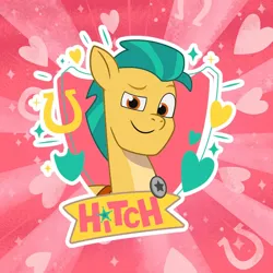 Size: 696x696 | Tagged: safe, derpibooru import, official, hitch trailblazer, earth pony, g5, my little pony: tell your tale, 2d, heart, horseshoes, image, jpeg, looking at you, pink background, sheriff, simple background, smiling, smiling at you, weixin