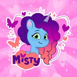 Size: 696x696 | Tagged: safe, derpibooru import, official, butterfly, insect, unicorn, g5, my little pony: tell your tale, 2d, cute, horn, image, jpeg, looking at you, misty brightdawn, mistybetes, pink background, simple background, smiling, smiling at you, sparkles, weixin