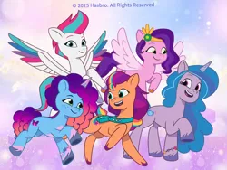 Size: 750x564 | Tagged: safe, derpibooru import, official, hitch trailblazer, izzy moonbow, pipp petals, sunny starscout, zipp storm, earth pony, pegasus, unicorn, g5, my little pony: tell your tale, applejack (g5), fluttershy (g5), flying, horn, image, jpeg, looking at each other, looking at someone, looking at you, mane five, mane six (g5), misty brightdawn, pinkie pie (g5), rainbow dash (g5), raised hoof, rarity (g5), running, smiling, smiling at each other, smiling at you, twilight sparkle (g5), weixin