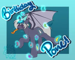 Size: 3000x2400 | Tagged: safe, artist:snows-undercover, derpibooru import, oc, oc:elizabat stormfeather, unofficial characters only, alicorn, bat pony, bat pony alicorn, pony, alicorn oc, bat pony oc, bat wings, birthday, birthday gift art, crying, cute, fangs, feather, female, gift art, glow, glowing horn, grin, gritted teeth, hat, horn, image, laughing, magic, mare, one eye closed, party hat, party horn, png, raised hoof, raised leg, self tickling, smiling, solo, stifling laughter, tears of laughter, teeth, tickle torture, tickling, wings, wink